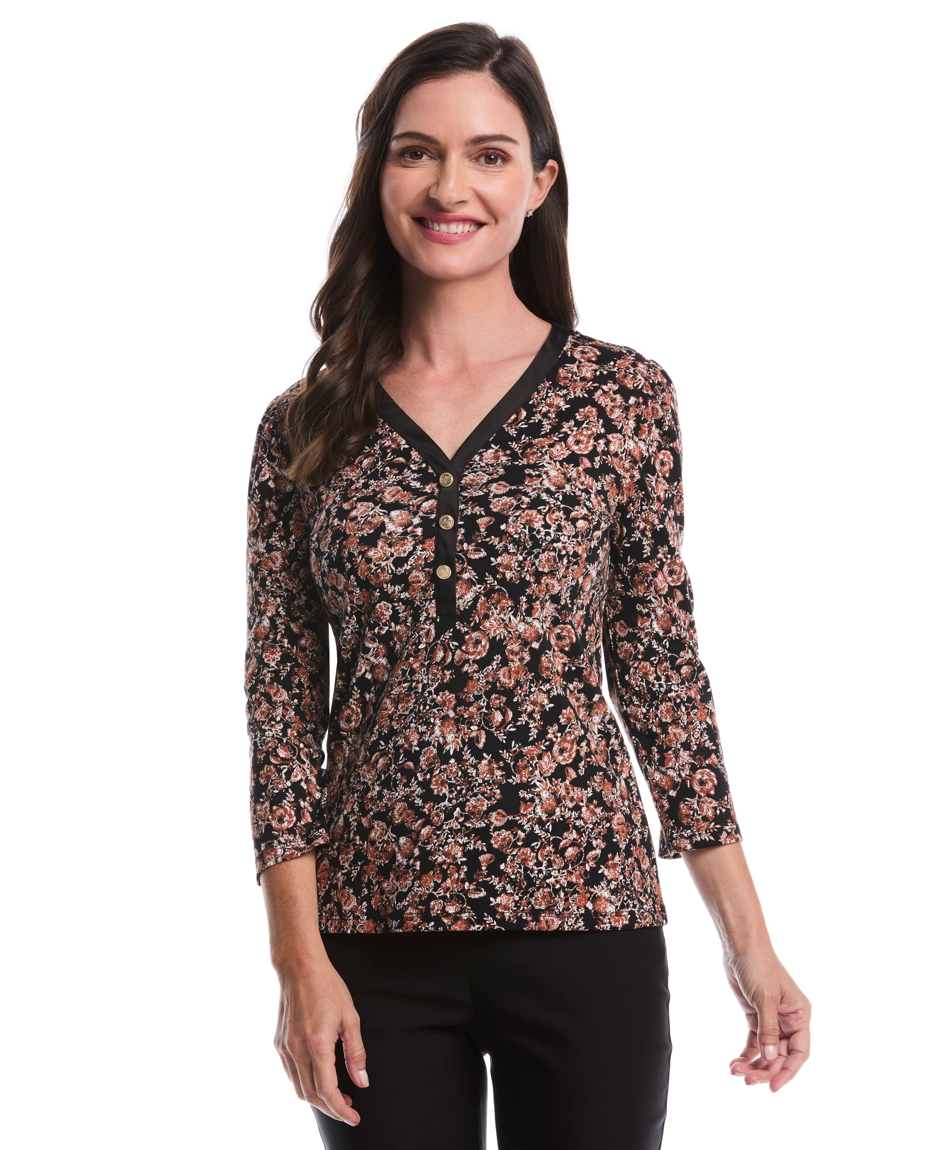 Floral Print 3/4 Puff Sleeve V-Neck Top