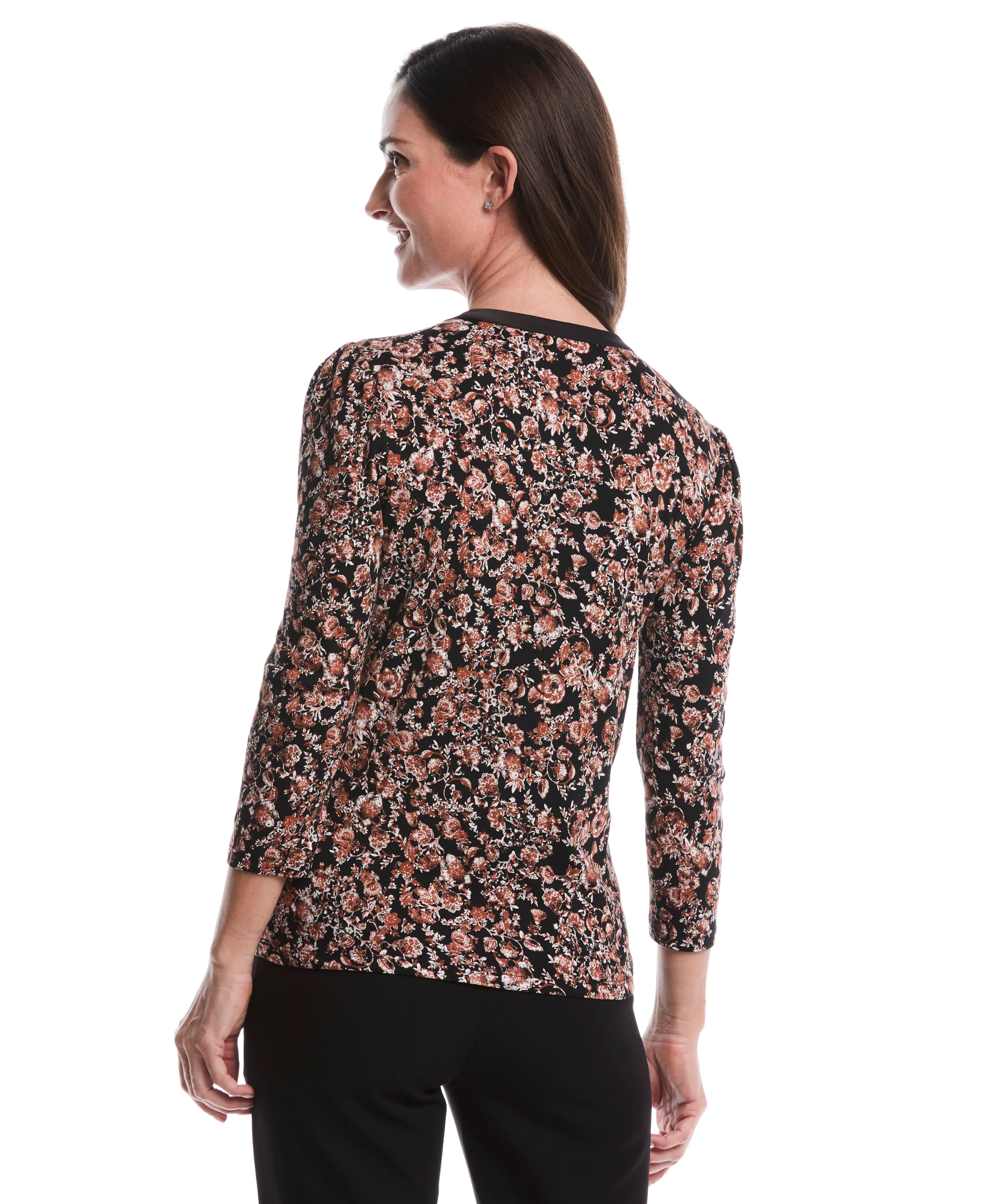 Floral Print 3/4 Puff Sleeve V-Neck Top - Image 3