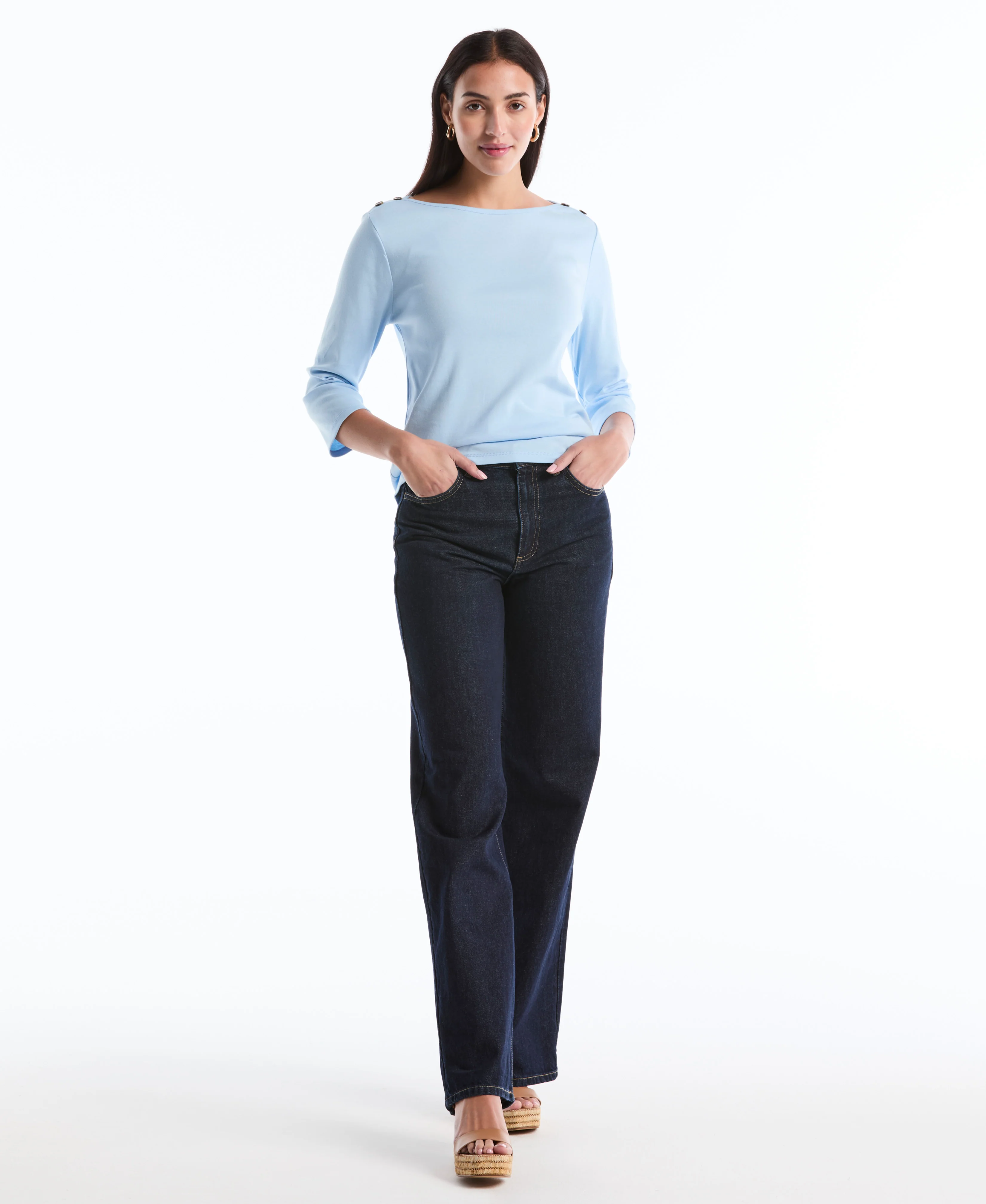 Petite Button Detail 3/4 Sleeve Top - Image 5