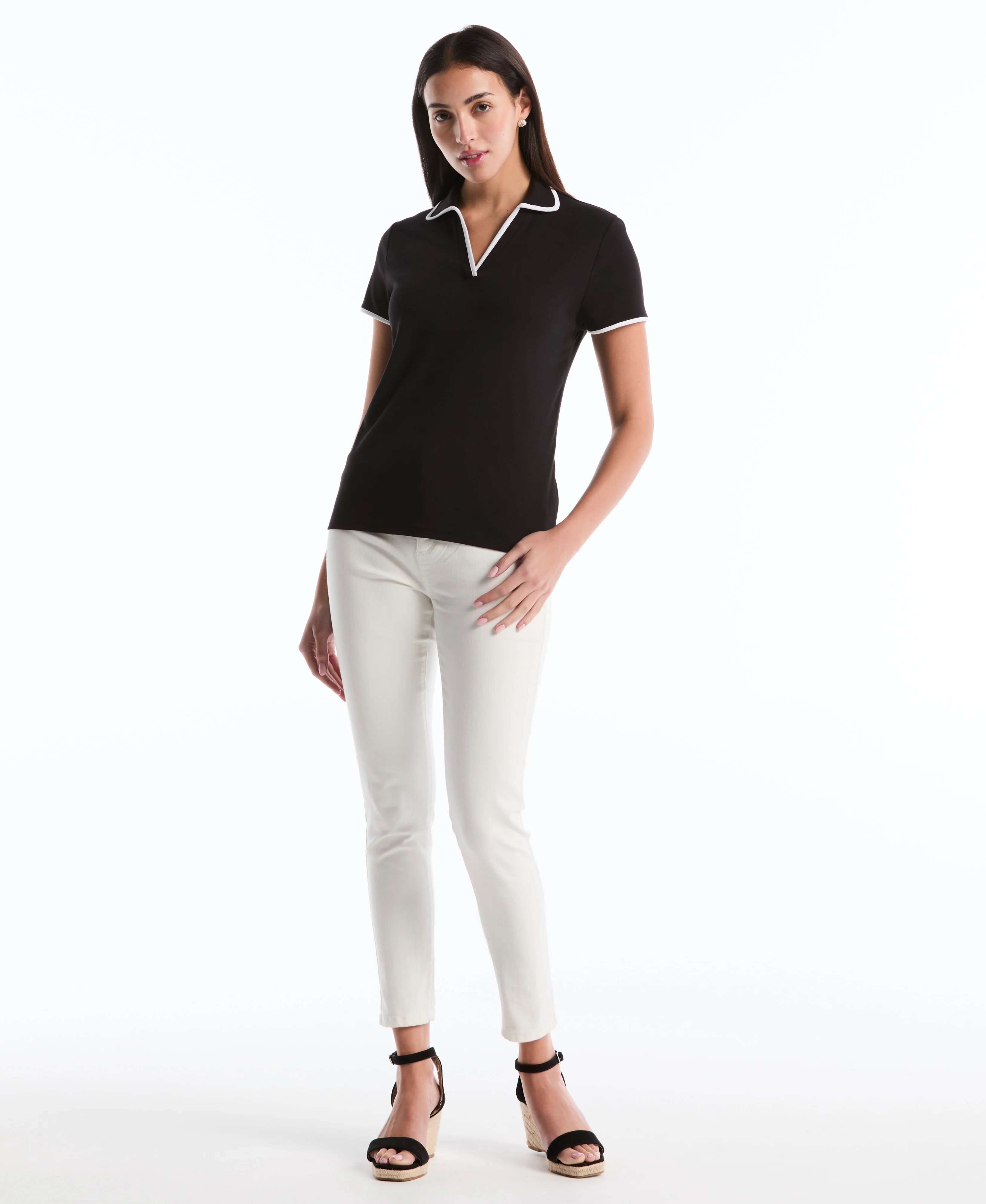 Petite Contrast Trim Johnny Collar Polo - Image 13