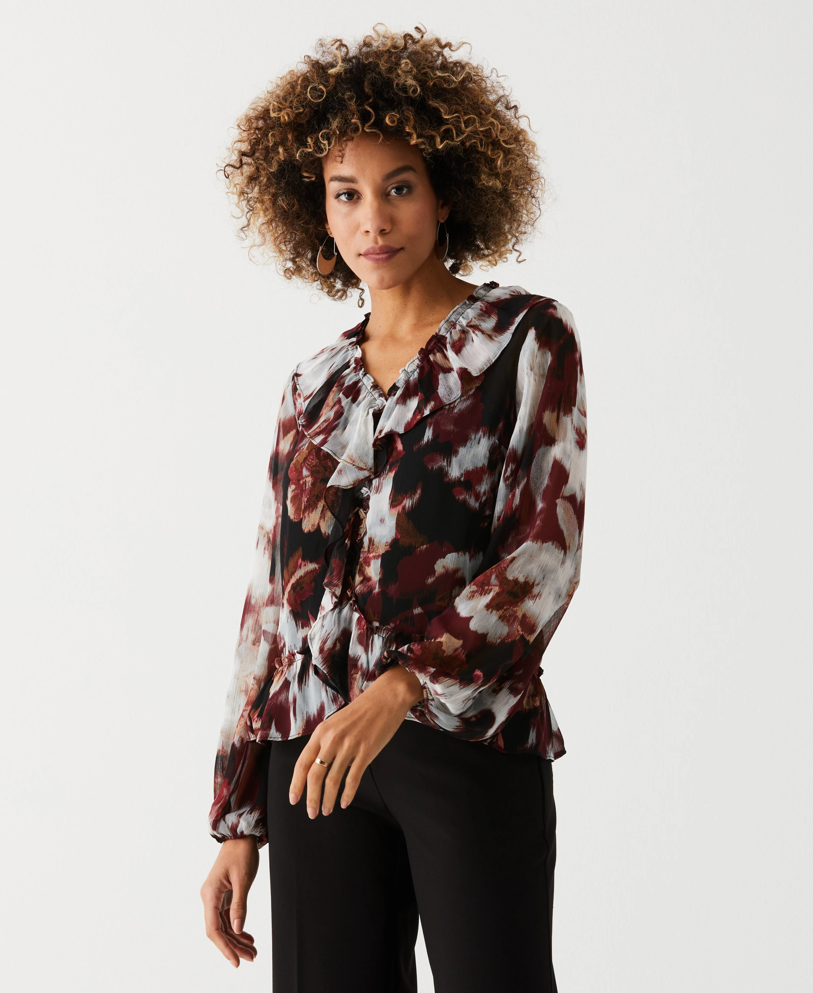 Petite Printed V-Neck Ruffle Blouse - Image 3