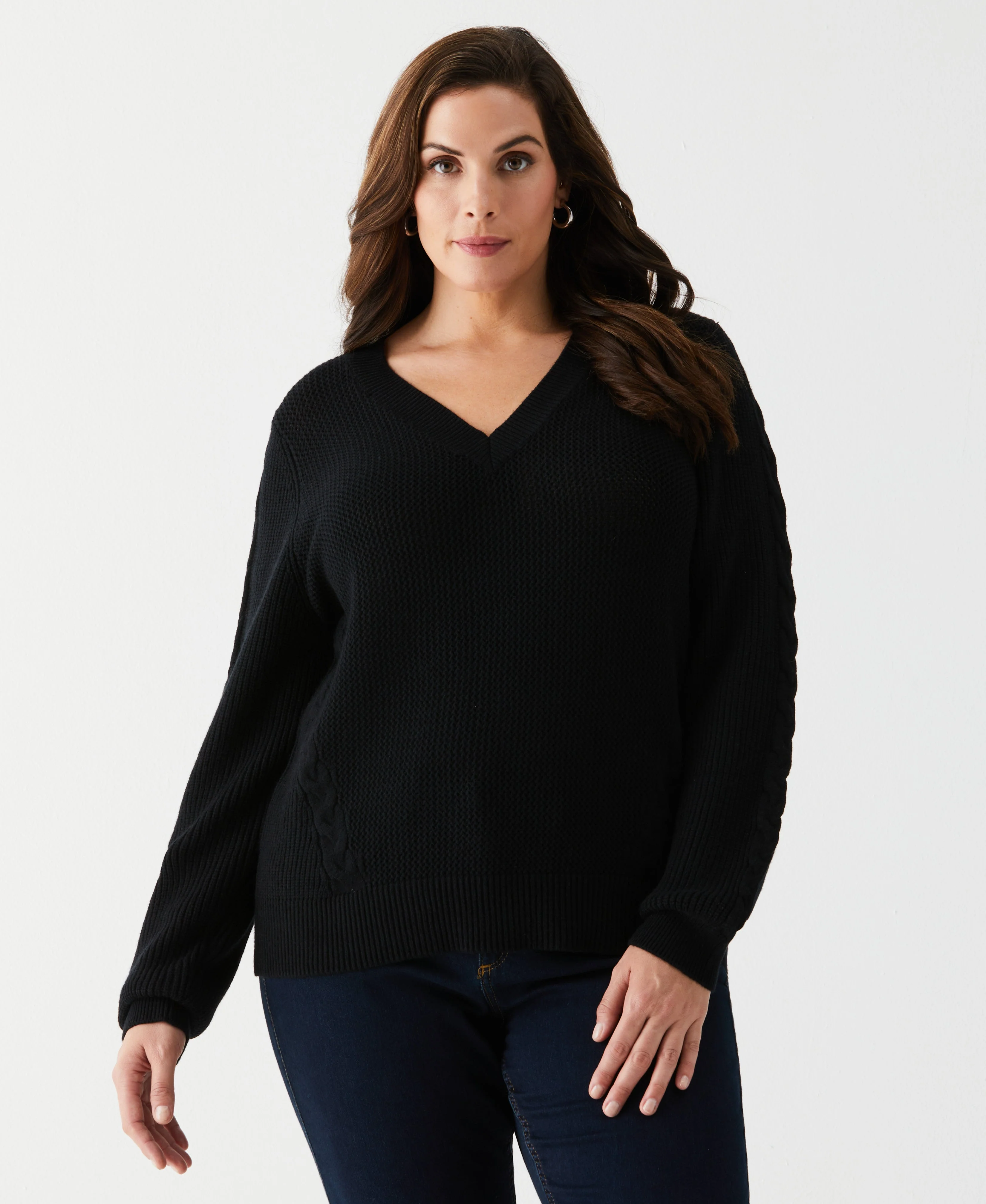 Plus Size Cable Knit V-Neck Sweater - Image 12