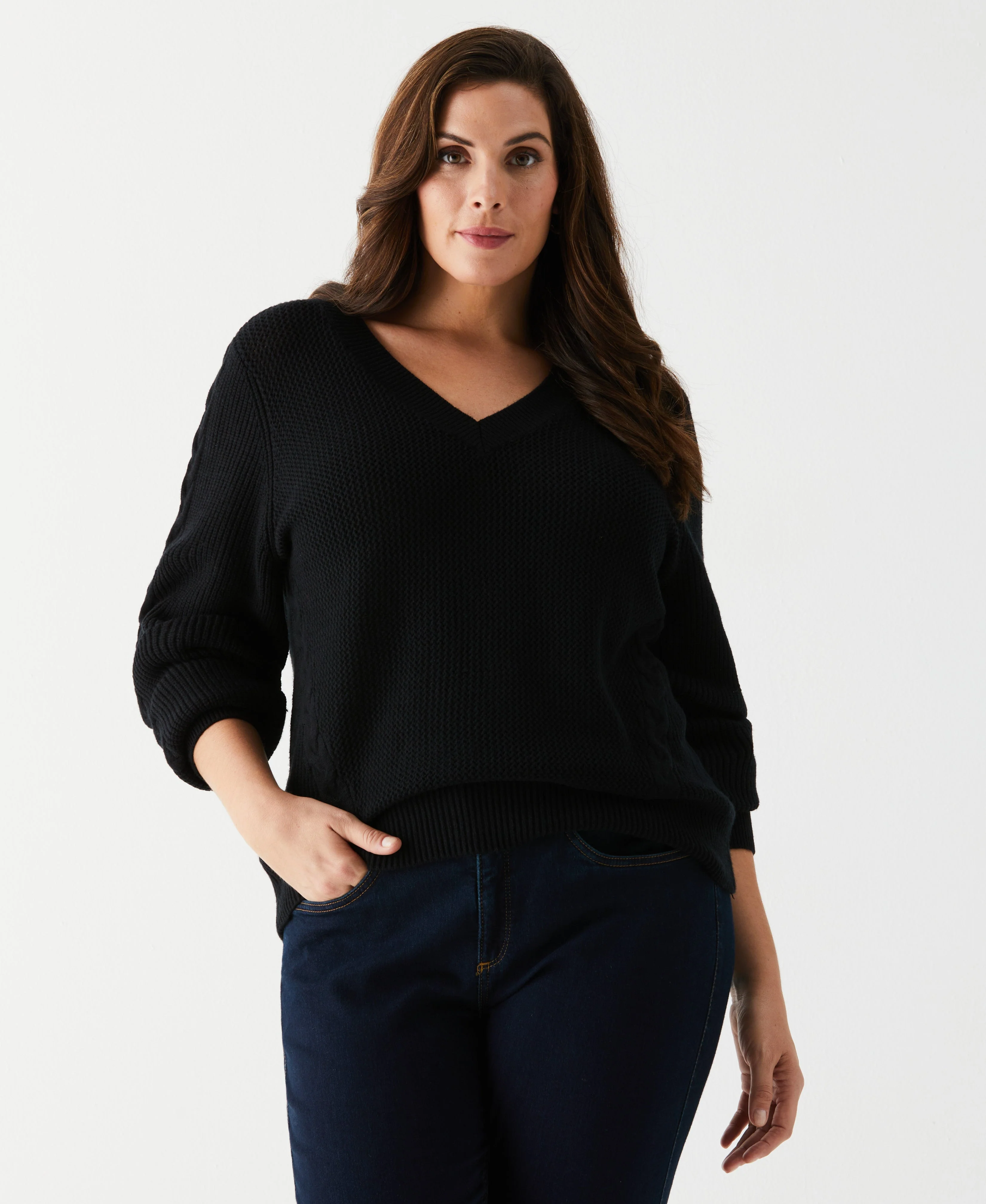 Plus Size Cable Knit V-Neck Sweater - Image 13