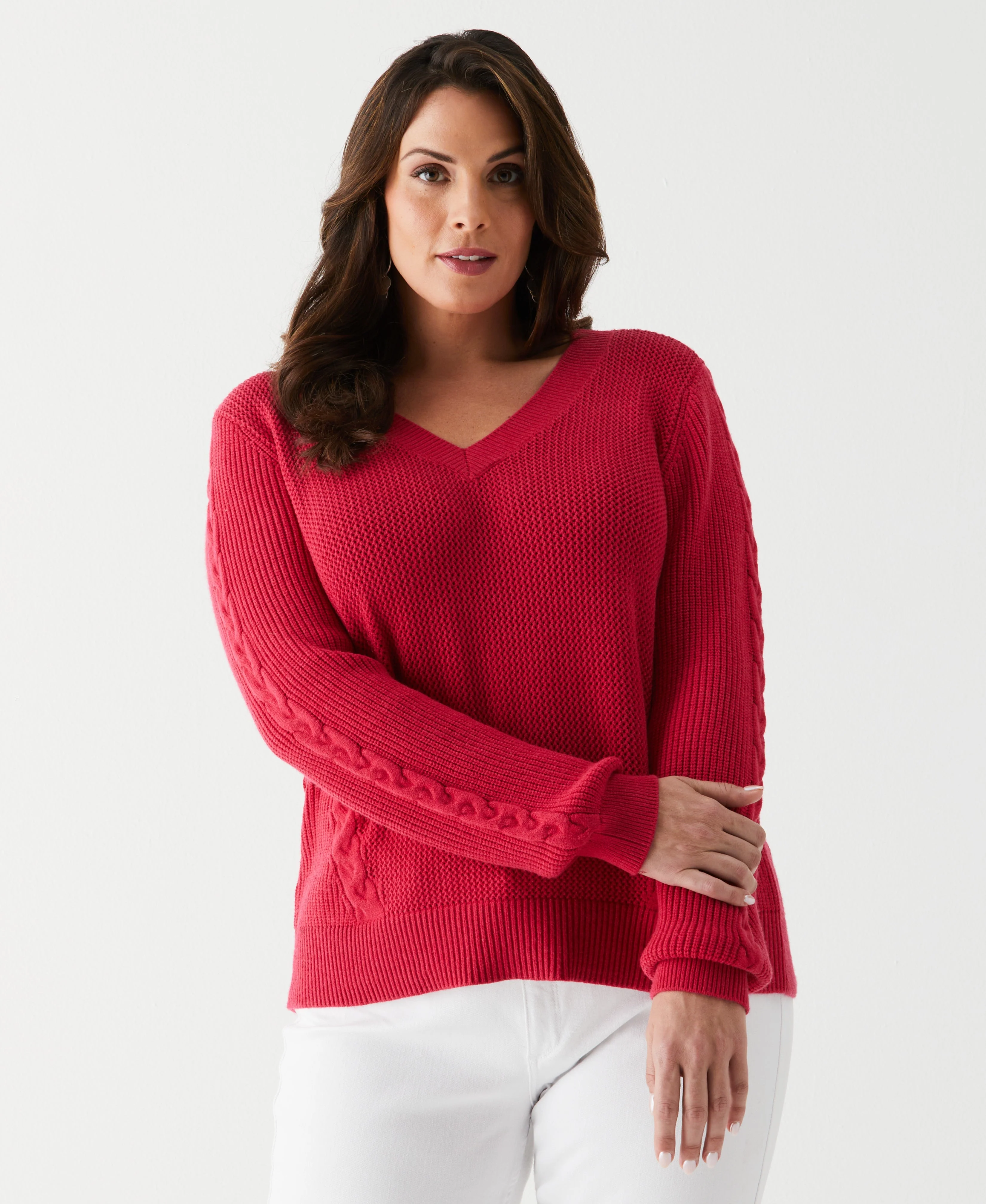 Plus Size Cable Knit V-Neck Sweater - Image 2