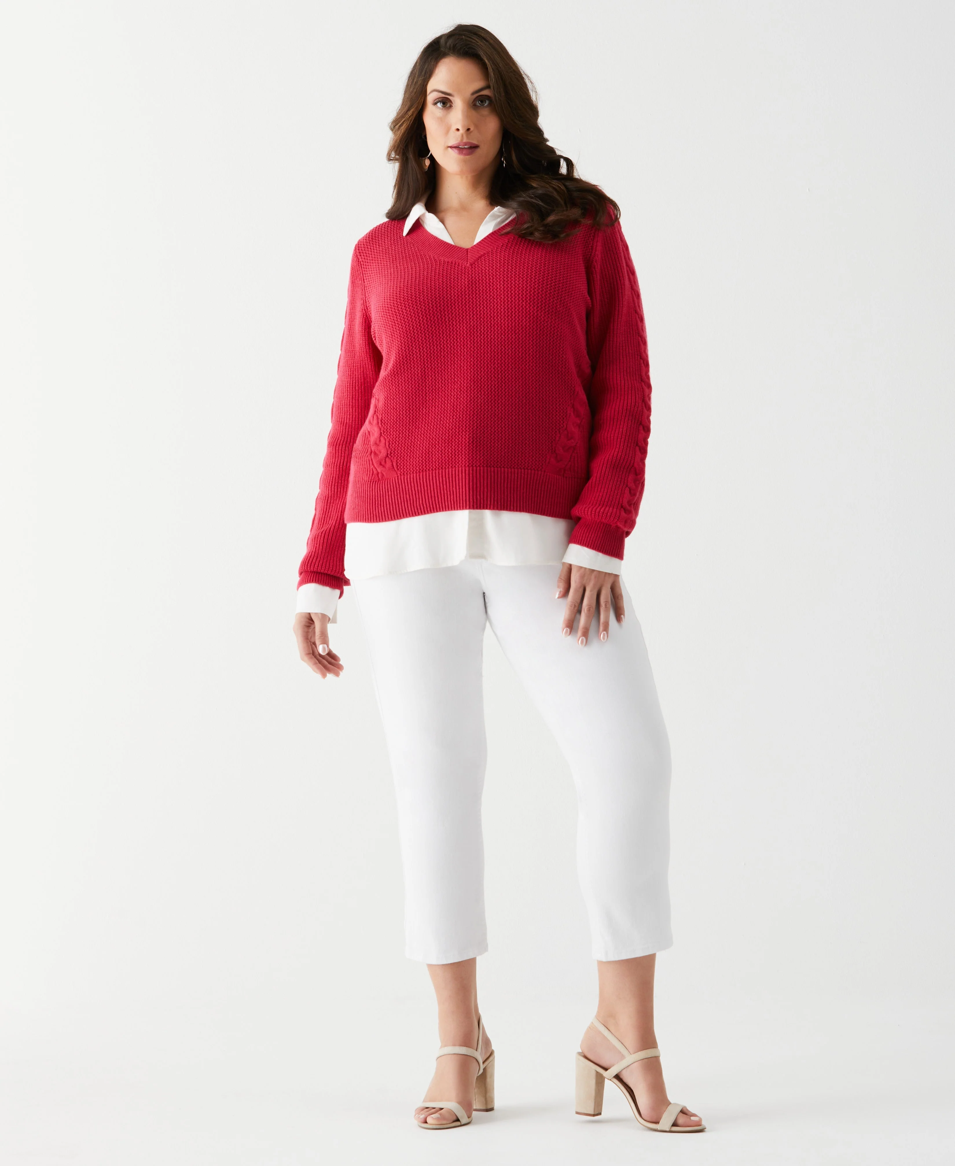 Plus Size Cable Knit V-Neck Sweater - Image 3