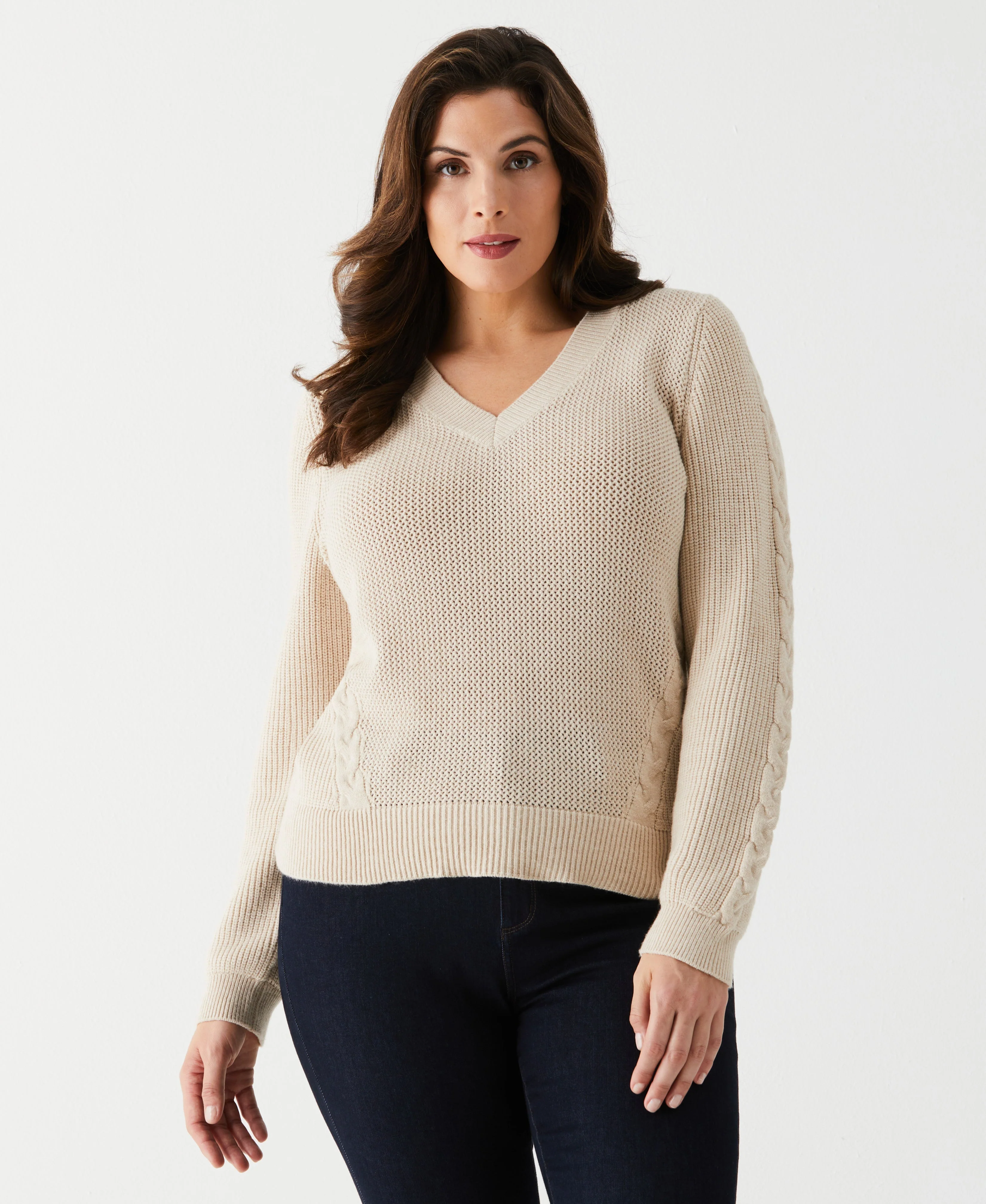 Plus Size Cable Knit V-Neck Sweater - Image 5