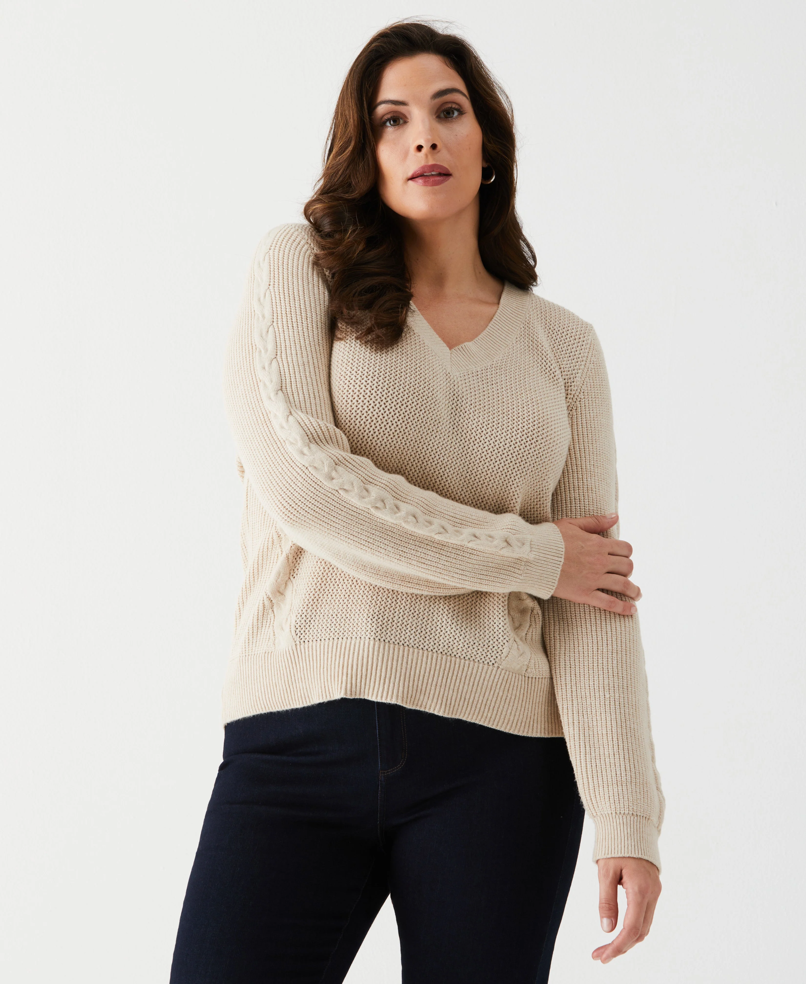 Plus Size Cable Knit V-Neck Sweater - Image 6