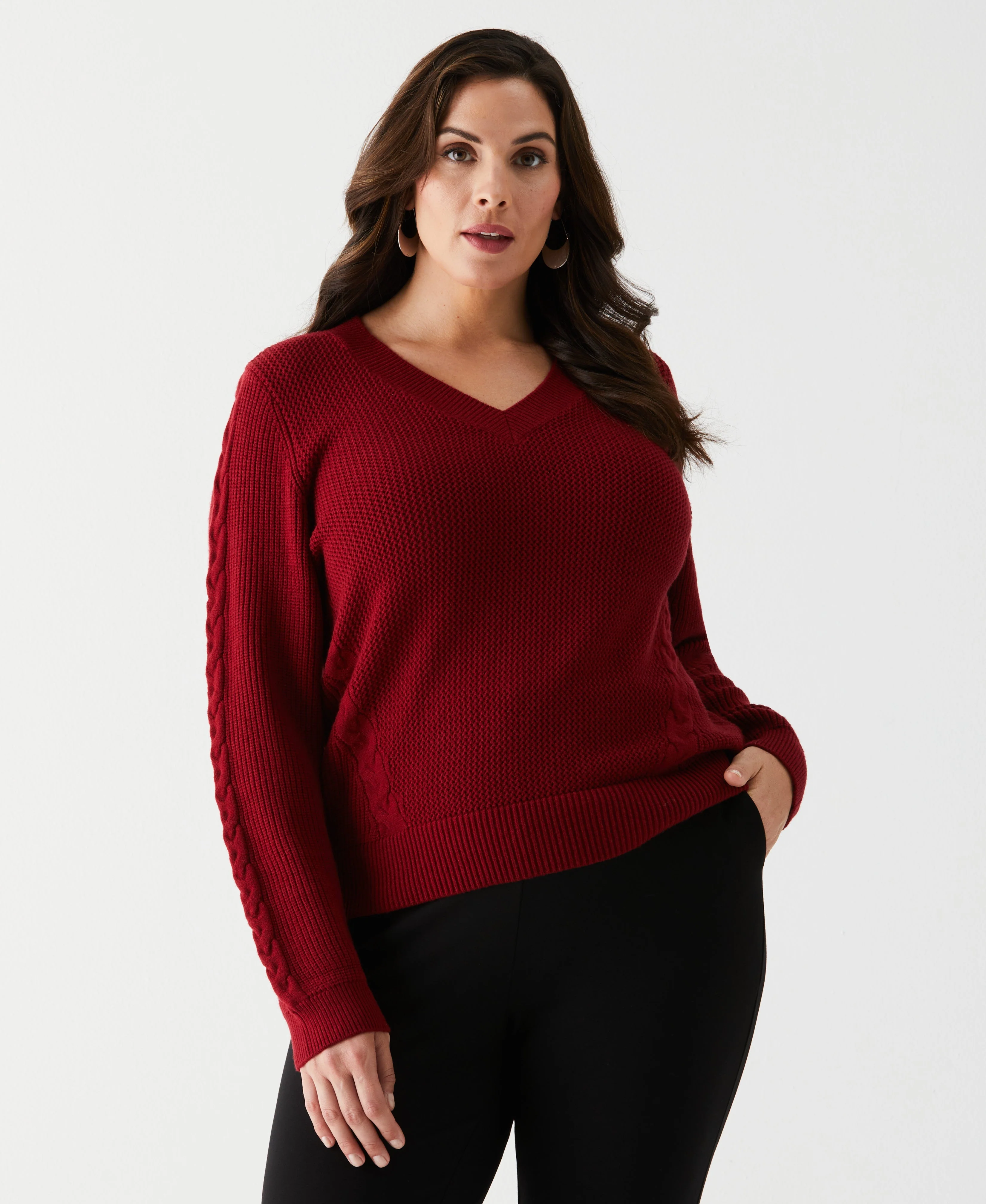 Plus Size Cable Knit V-Neck Sweater - Image 8