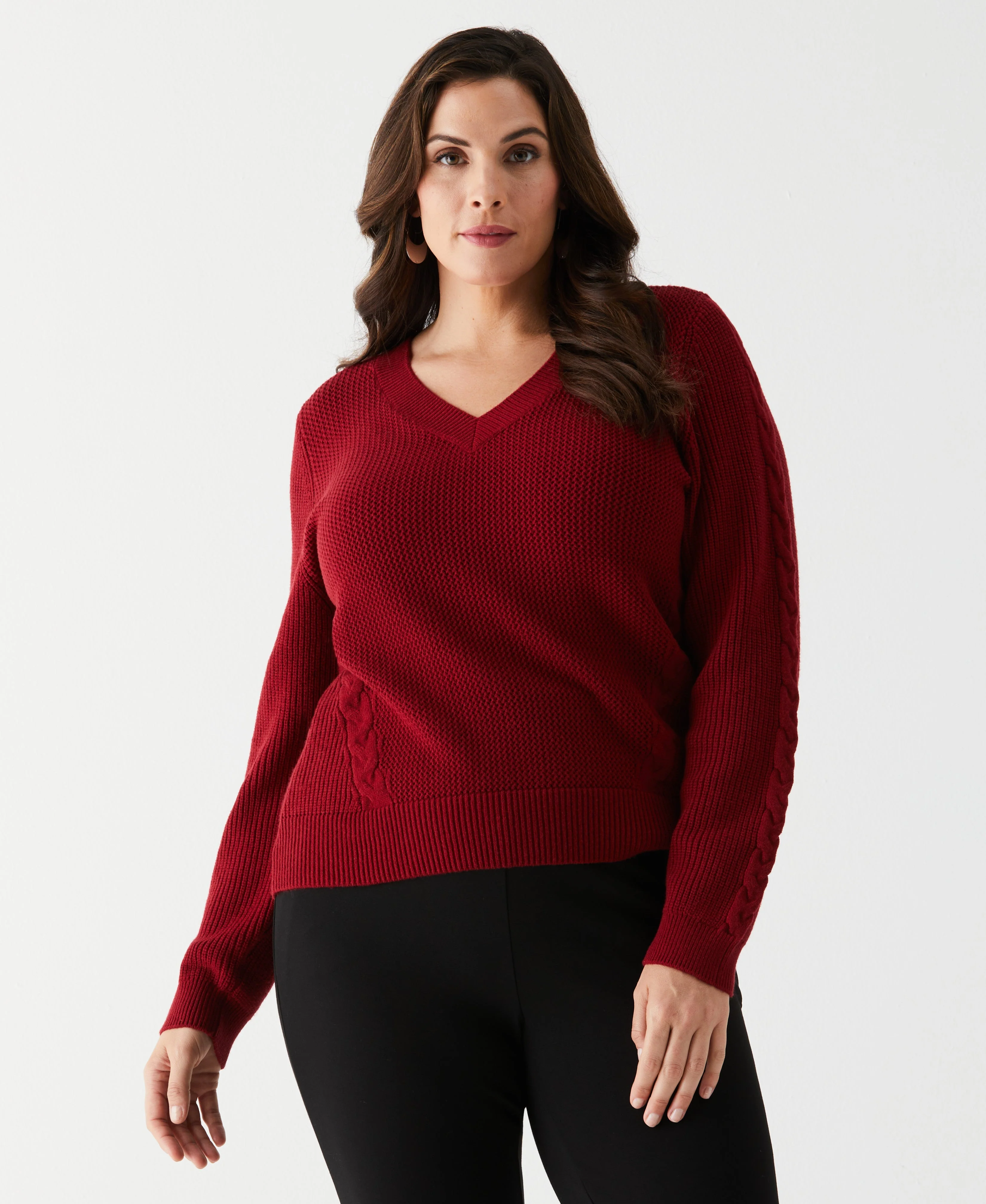 Plus Size Cable Knit V-Neck Sweater - Image 9