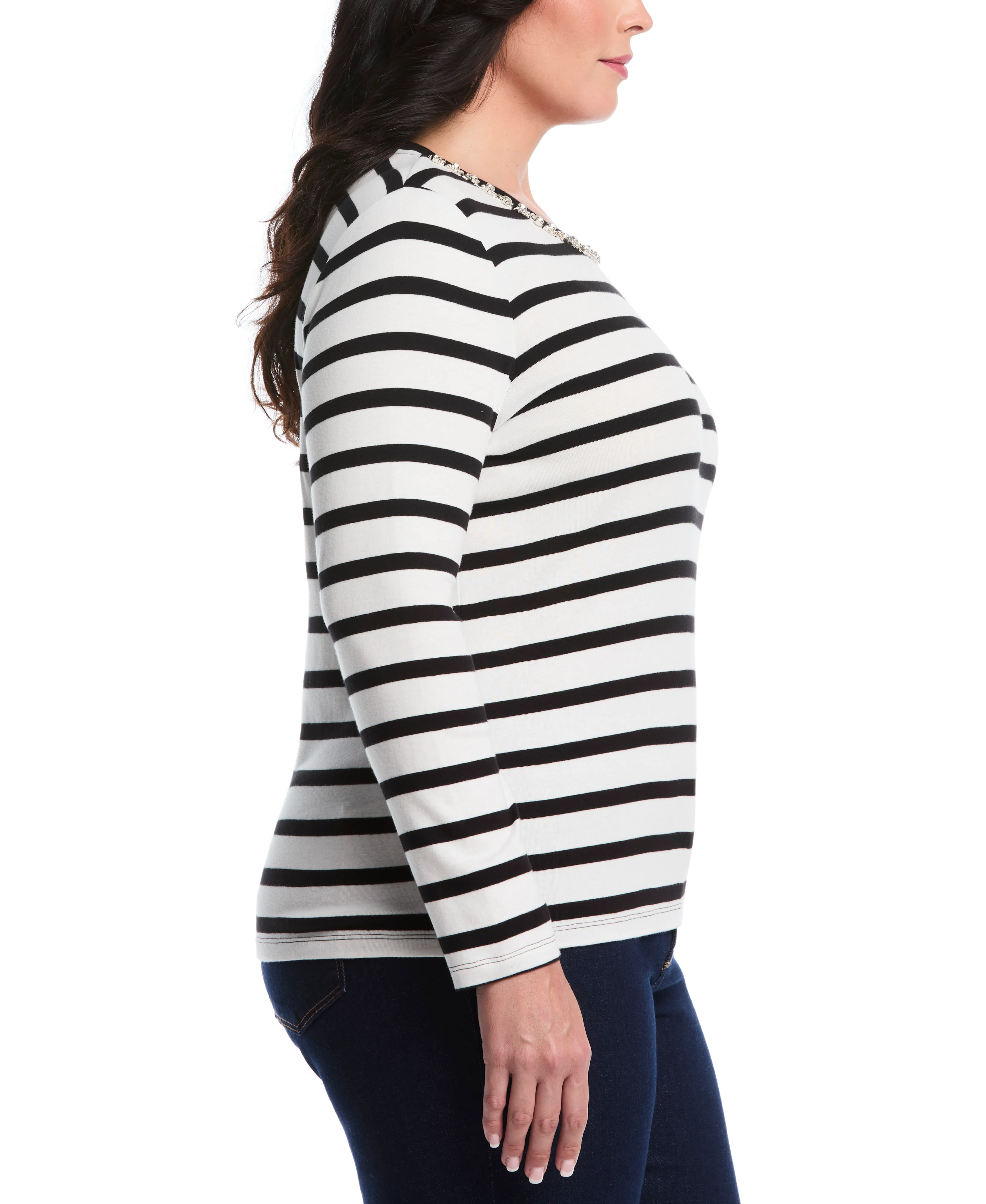 Plus Size Striped Print Embellished Neck Top - Image 3
