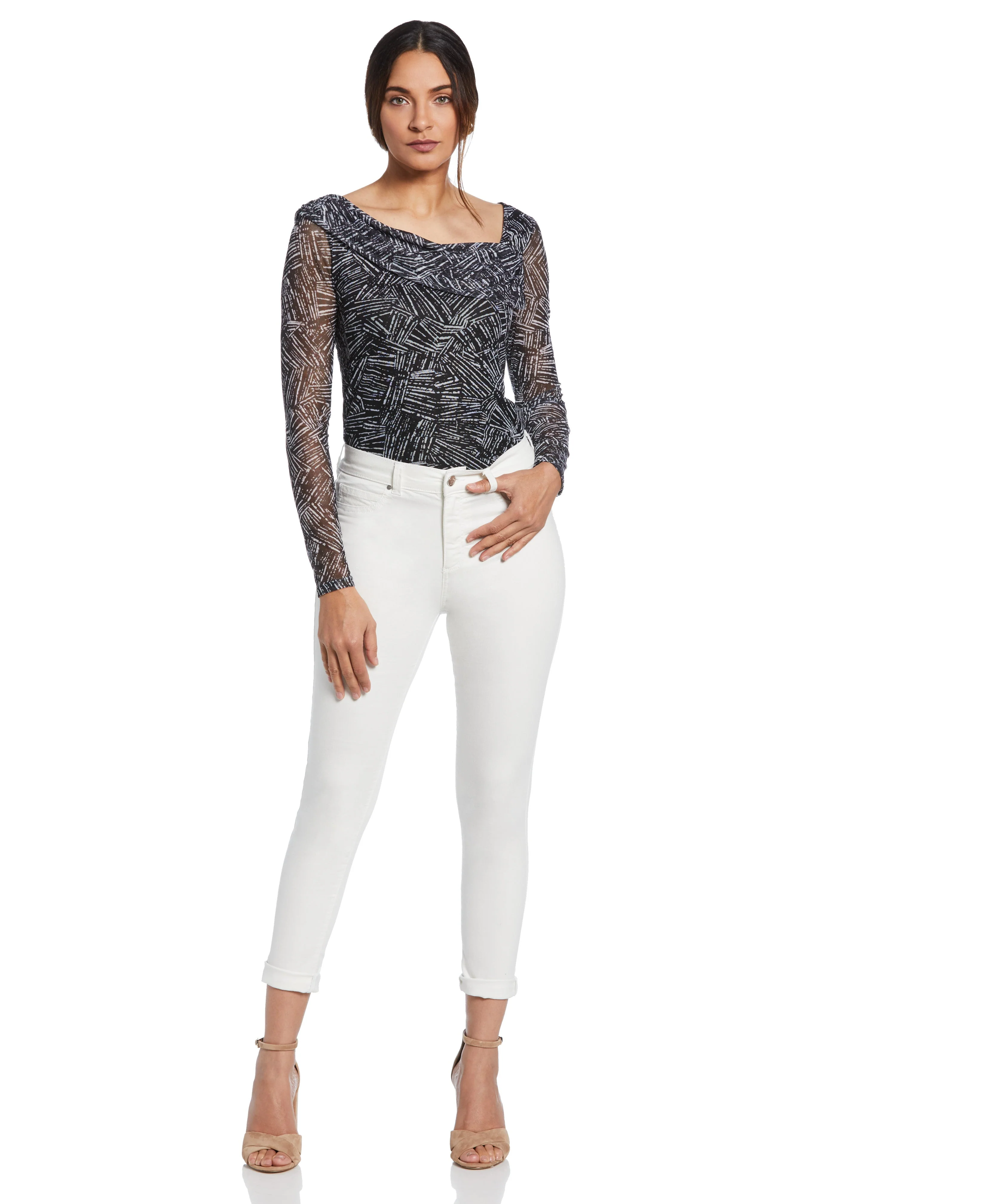 Petite Printed Asymmetrical Mesh Top - Image 3
