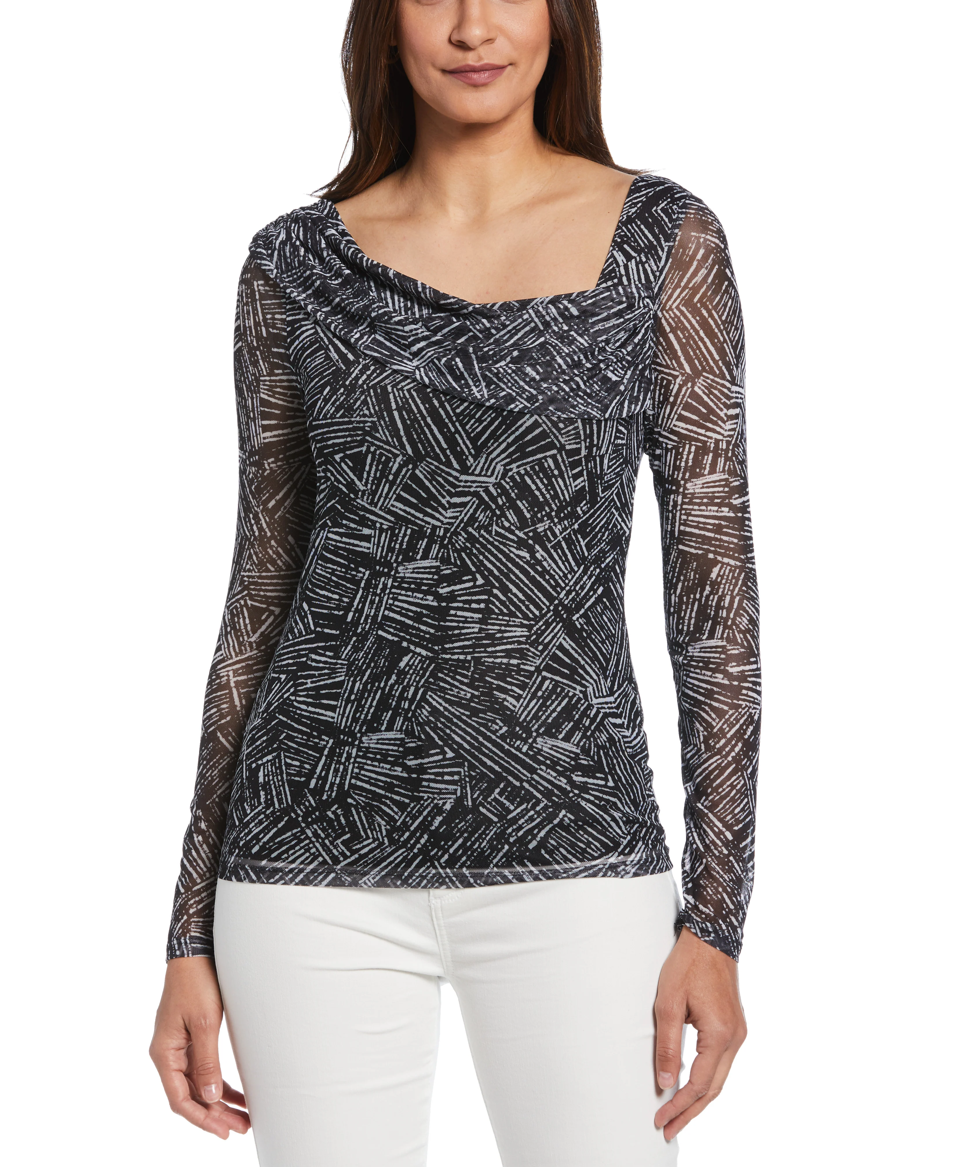Petite Printed Asymmetrical Mesh Top - Image 4