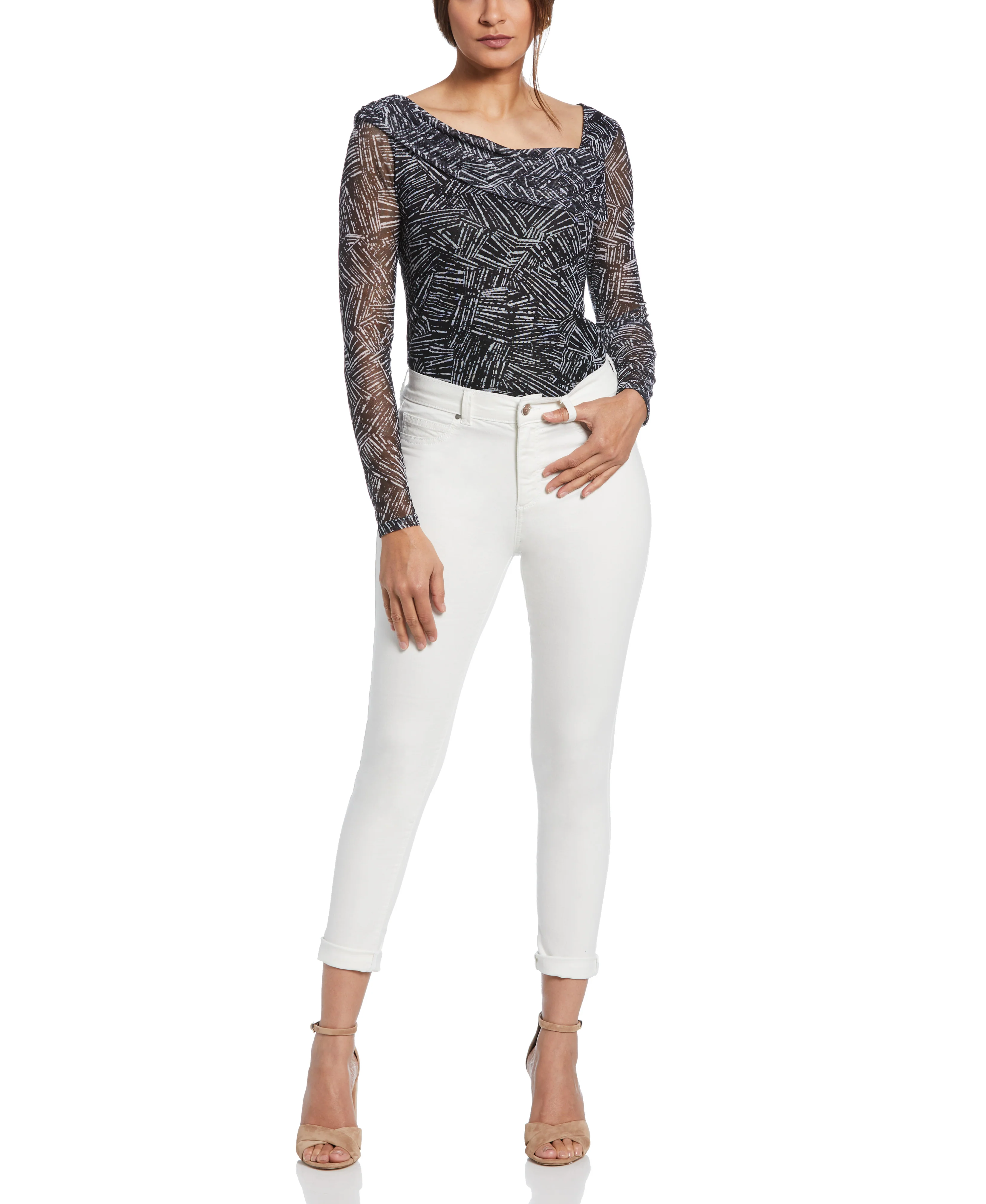 Petite Printed Asymmetrical Mesh Top - Image 7