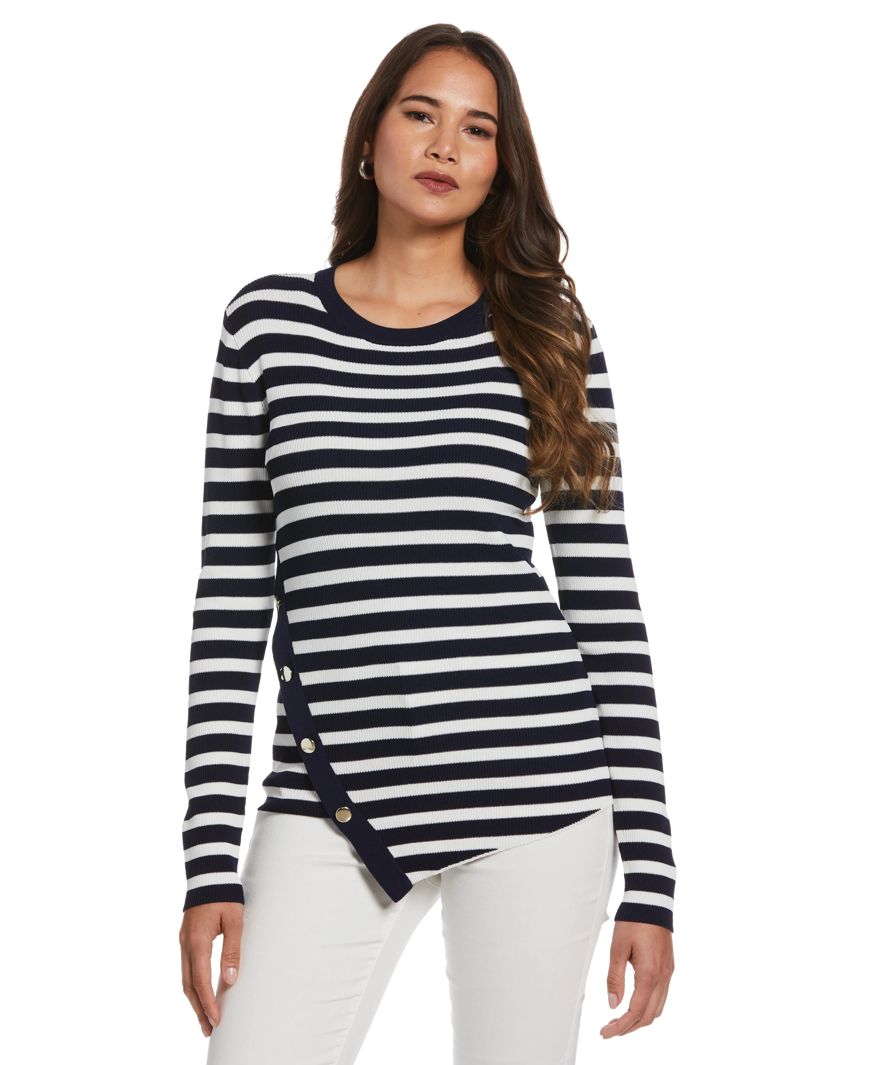 Plus Size Snap Trim Stripe Asymmetrical Sweater - Image 4