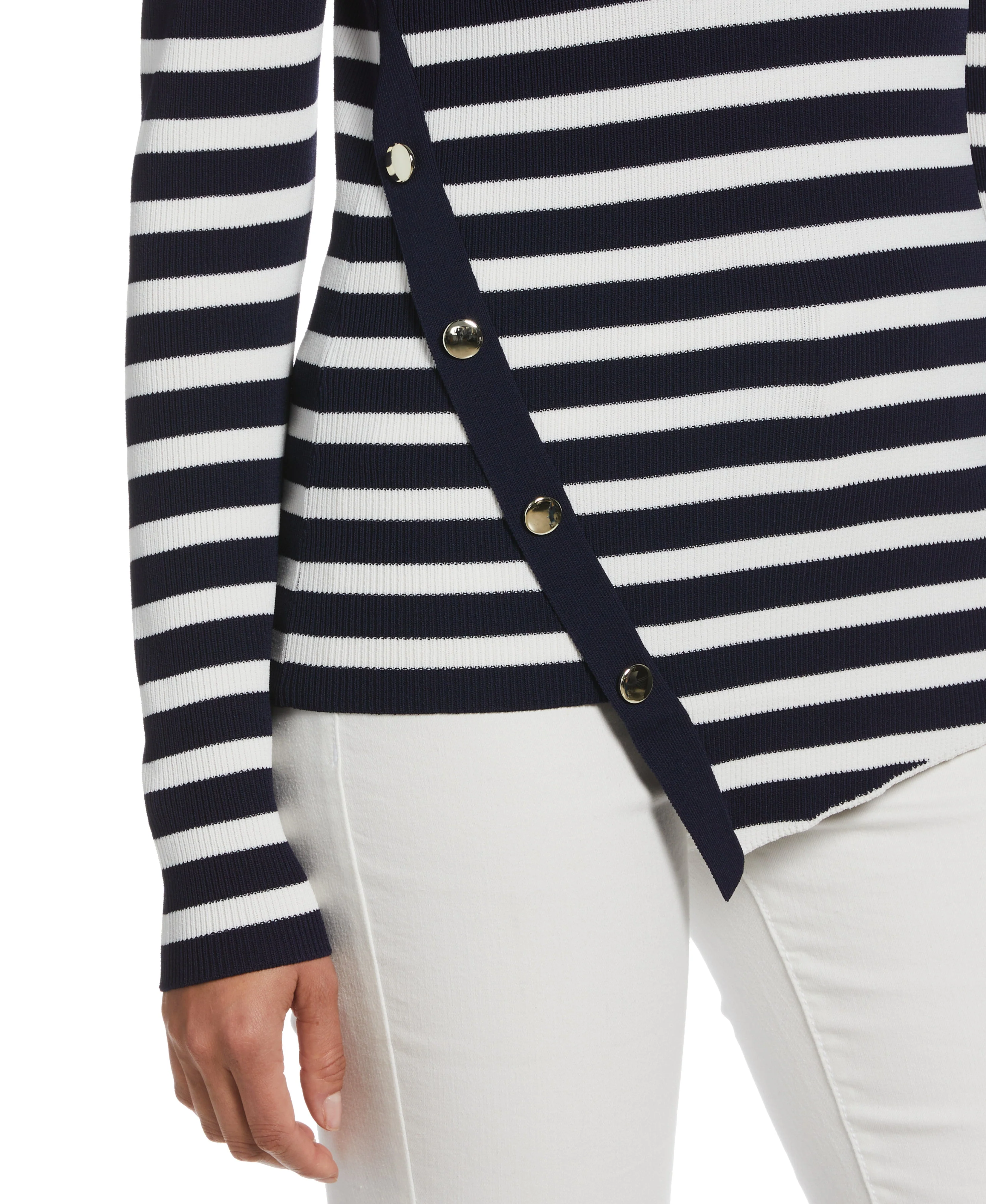 Plus Size Snap Trim Stripe Asymmetrical Sweater - Image 6